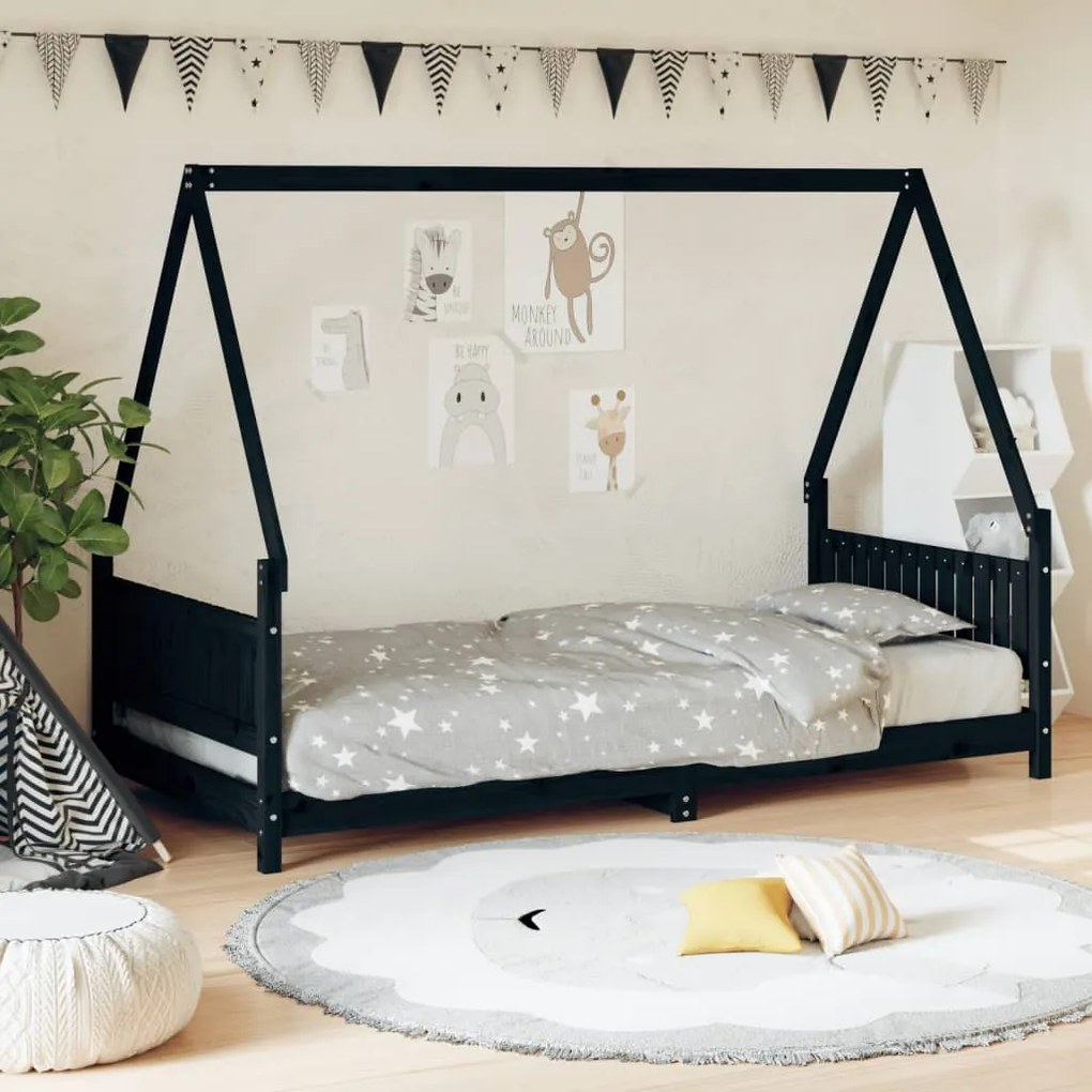 Giroletto Per Bambini Nero 90x200 Cm İn Legno Massello Di Pino /