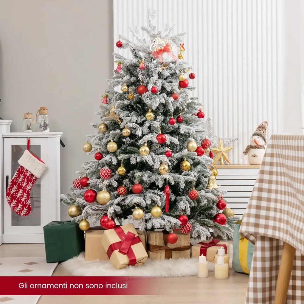 Costway Albero di Natale artificiale con punte di rami PE PVC luci LED bianche calde, Albero di Natale flocked 2 Dimensioni