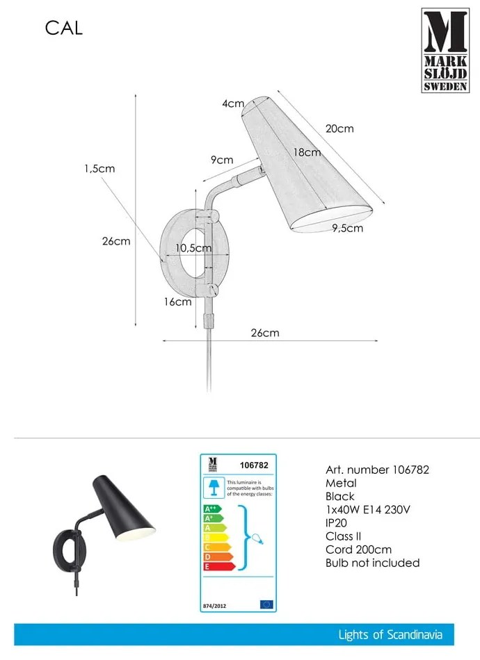Lampada da parete nera con alimentazione a corrente ø 9,5 cm Cal – Markslöjd