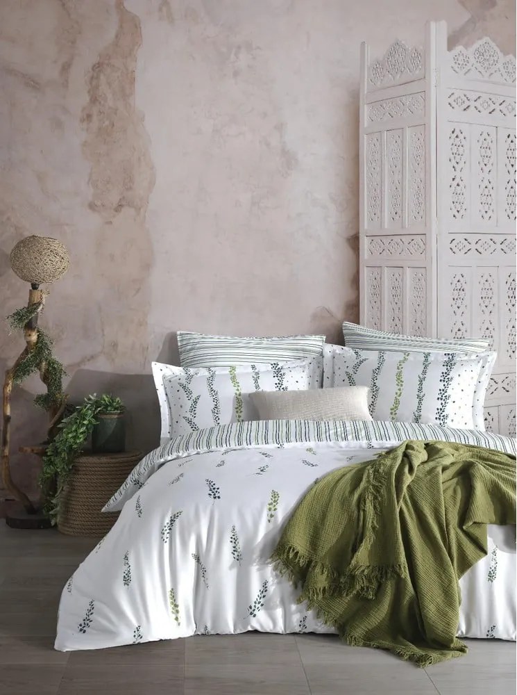 Set copripiumino e federa bianco/verde in raso di cotone per letto matrimoniale ed esteso 240x220 cm Marseille Floral – Mila Home Luxury