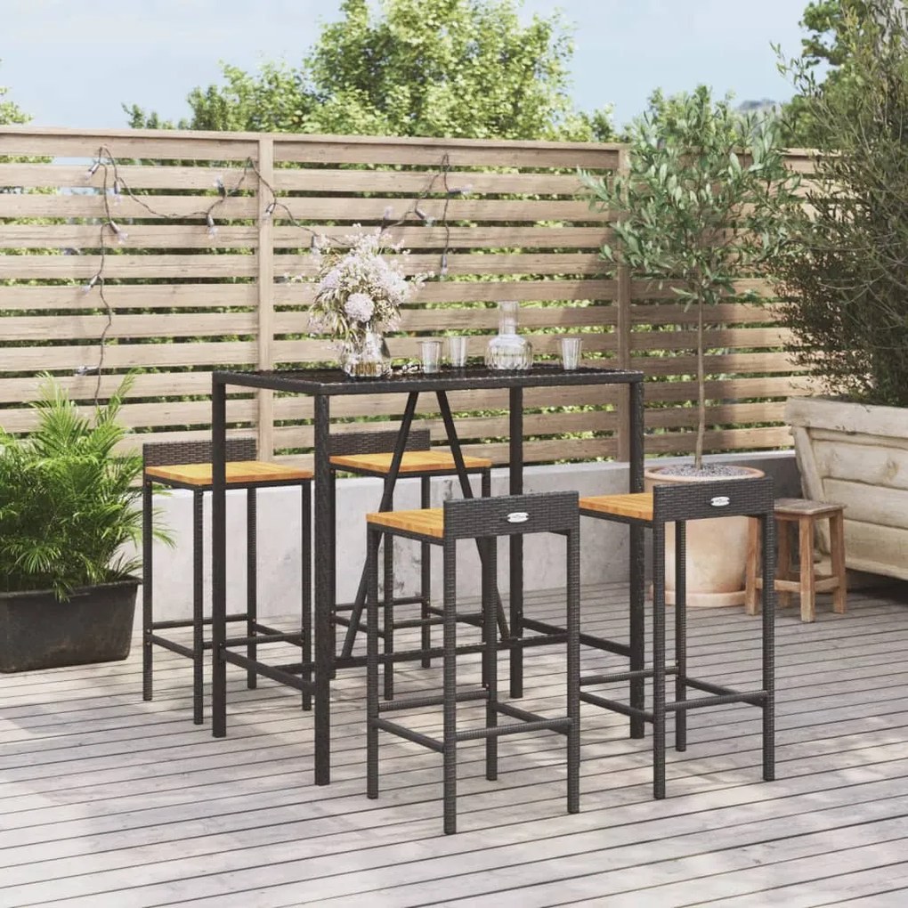 Set Bar Giardino 5 pz Nero Polyrattan e Legno Massello Acacia