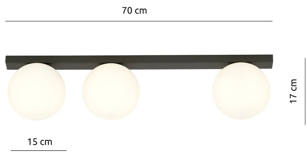 Plafoniera Moderna 3 Luci Giapeto Barra In Acciaio Nero E Sfere Di Vetro Opale