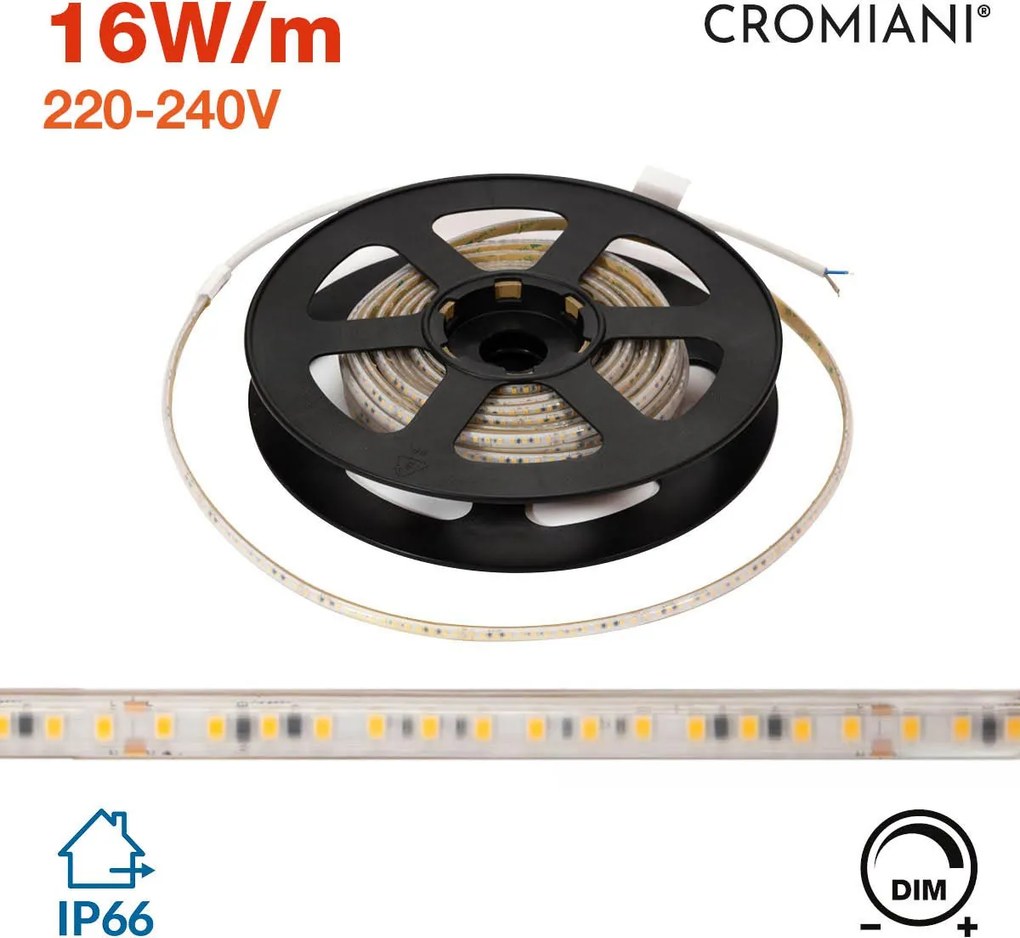 Striscia LED 220V 16W/m IP66 Dimmerabile Professional - Taglio 10cm – 20m