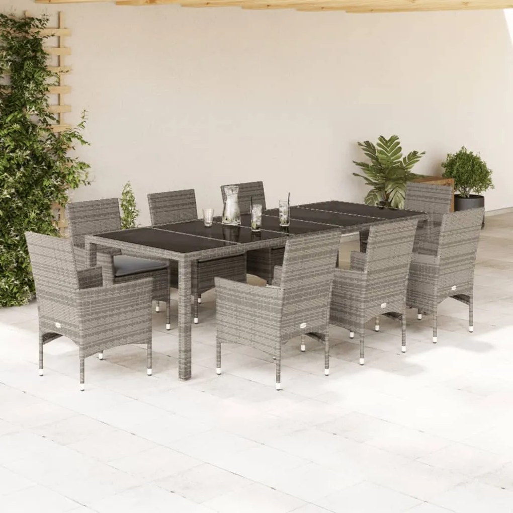 Set da pranzo da giardino 9 pz con cuscini polyrattan e vetro