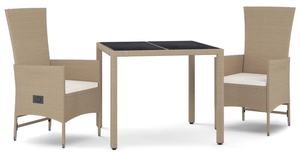 Set da pranzo da giardino 3 pz con cuscini beige in polyrattan