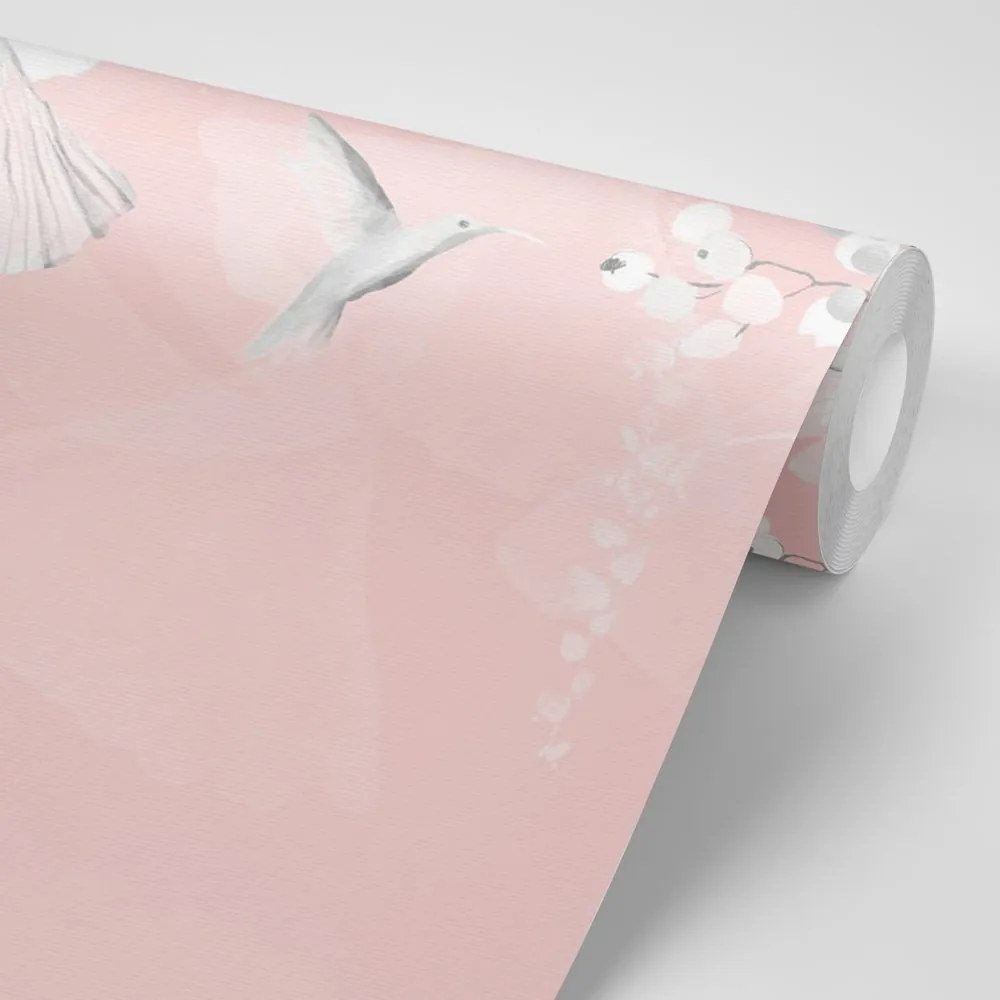 Carta da parati – Foglie con Colibrì in Rosa-Grigio