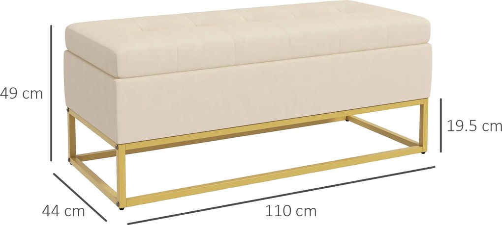Panca Contenitore Rettangolare 110x44x49 cm con Seduta Imbottita e Gambe in Acciaio Beige...