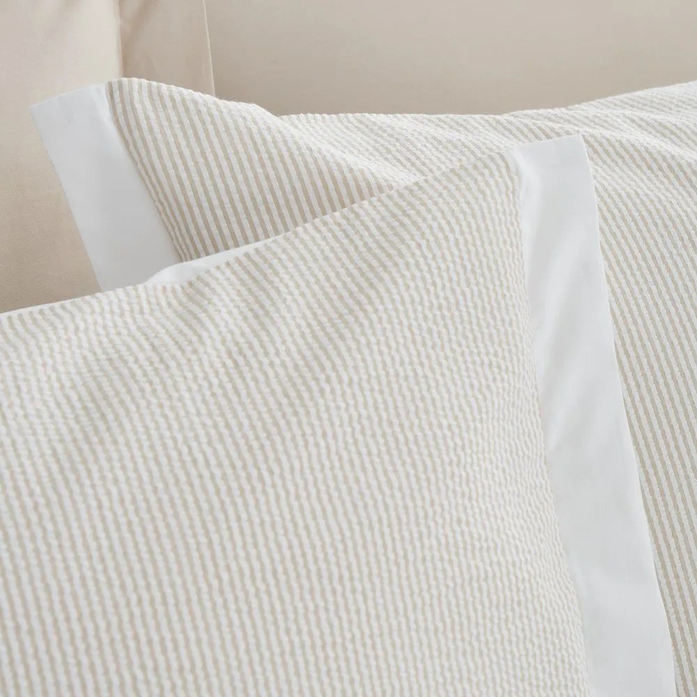 Set copripiumino e federa color crema in percalle di cotone per letto matrimoniale 3 pezzi 200x200 cm Seersucker Woven Stripe – Bianca