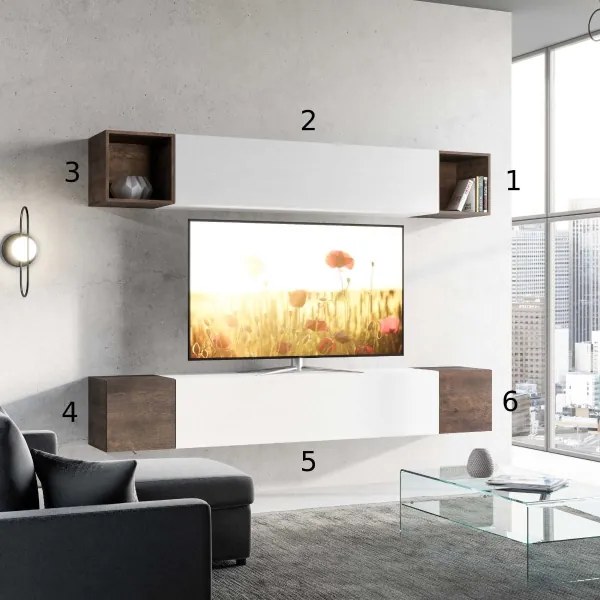 Parete da soggiorno Isoka A38 L.254 P.39,5 Bianco e Noce