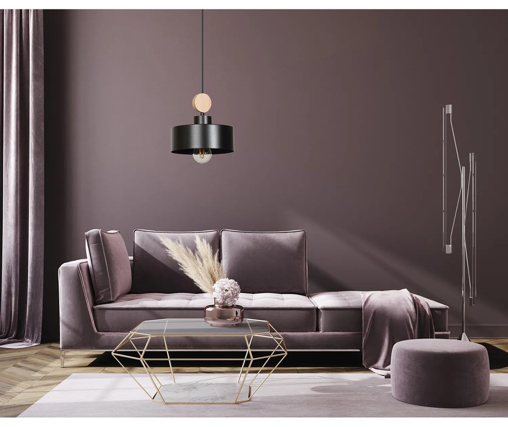 Sospensione 1 Luce Zhurong In Acciaio Nero E Legno Naturale