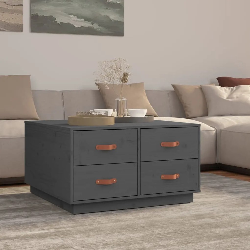 Tavolino Da Salotto Grigio 80x80x45 Cm Legno Massello Di Pino /
