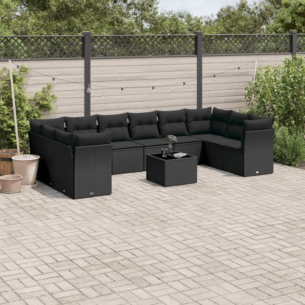 Set divani da giardino 11 pz con cuscini in polyrattan nero