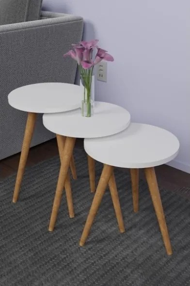 Set 3 Tavolini Decorativi Da Salotto Gambe Legno Aphrodite Bianco