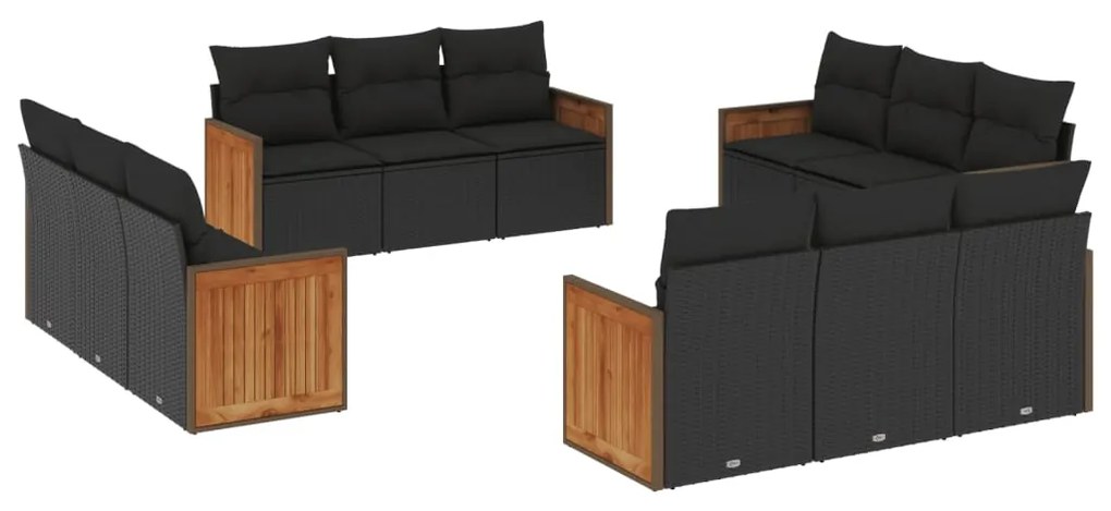 Set Divani da Giardino 12 pz con Cuscini Nero in Polyrattan