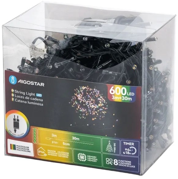 Aigostar - LED RGBY Catena di Natale per esterni 600xLED/6W/230V/8 funzioni 30m IP44