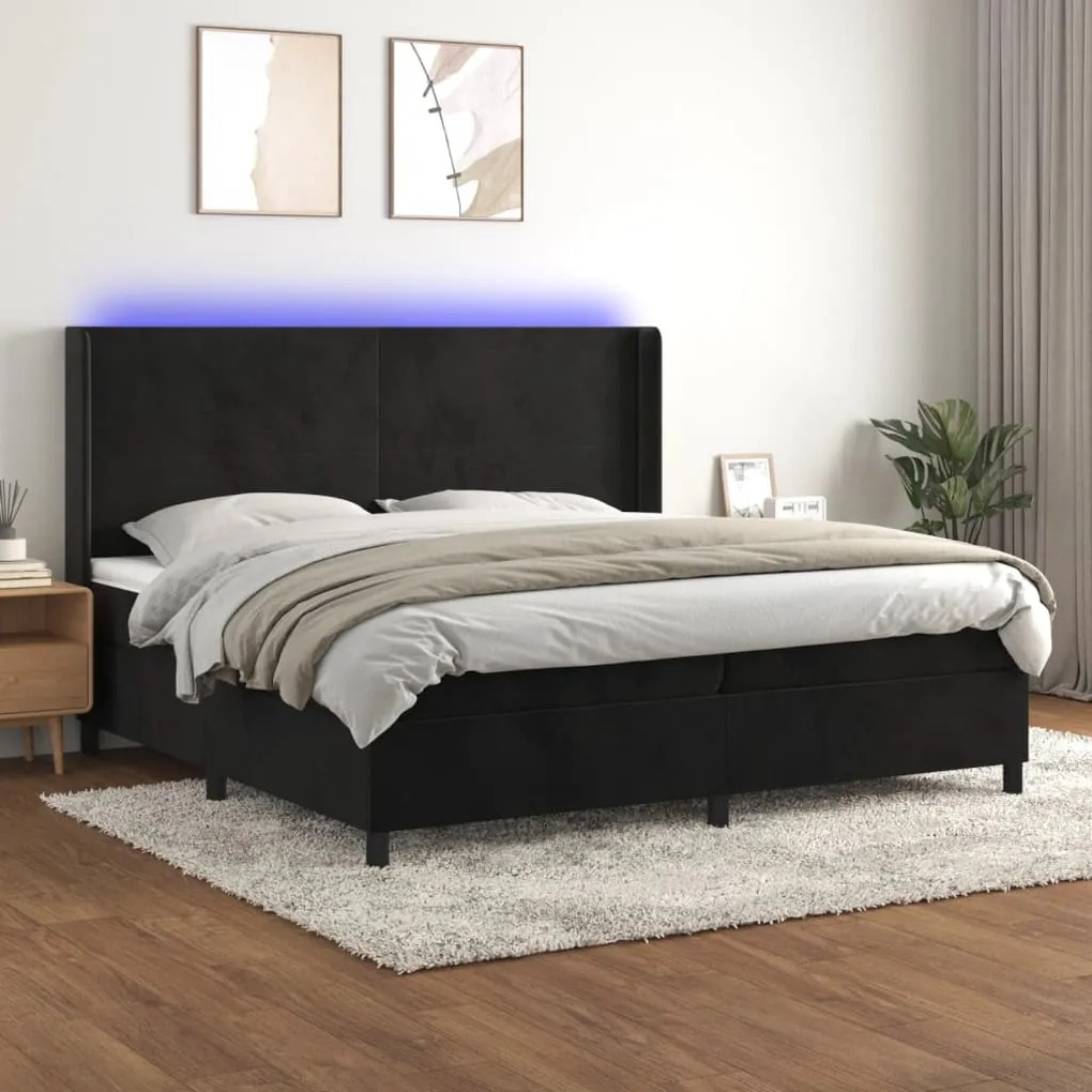 Letto A Molle Con Materasso E Led Nero 200x200 Cm İn Velluto /
