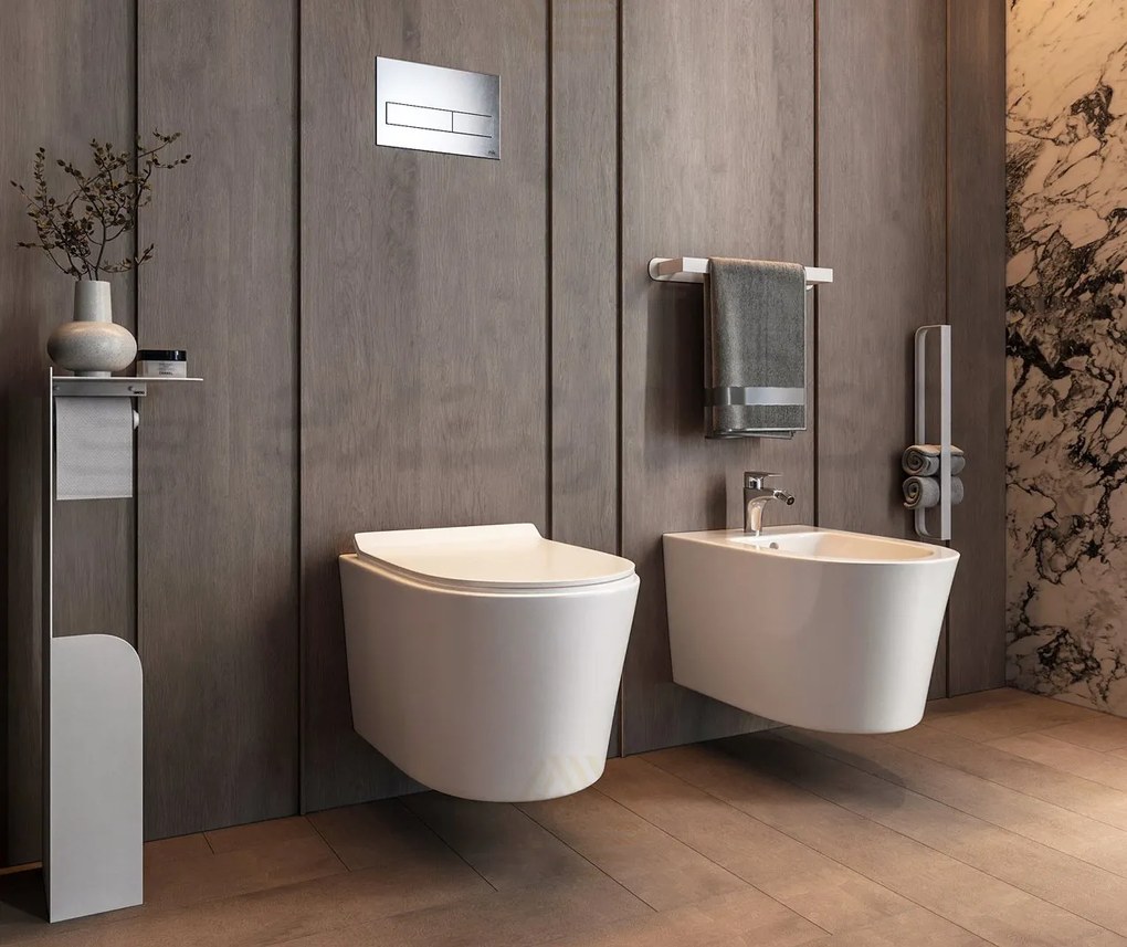 Coppia sanitari sospesi bidet e vaso rimless in ceramica con sedile soft close bianco lucido Linea Esse