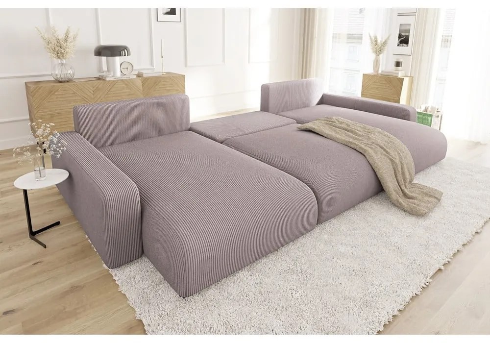 Divano angolare rosa chiaro allungabile/con contenitore (a U) con rivestimento in velluto a coste Sara – Ropez