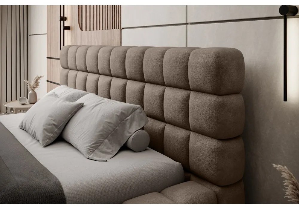 Letto matrimoniale imbottito marrone chiaro con contenitore e rete inclusi 160x200 cm Dizzle – ELTAP