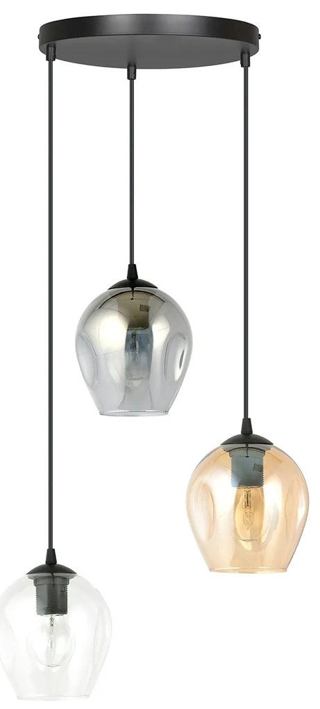 Lampadario 3 Luci Fuxi Base Tonda Acciaio Nero E Vetri Ambra Trasparente E Fumè