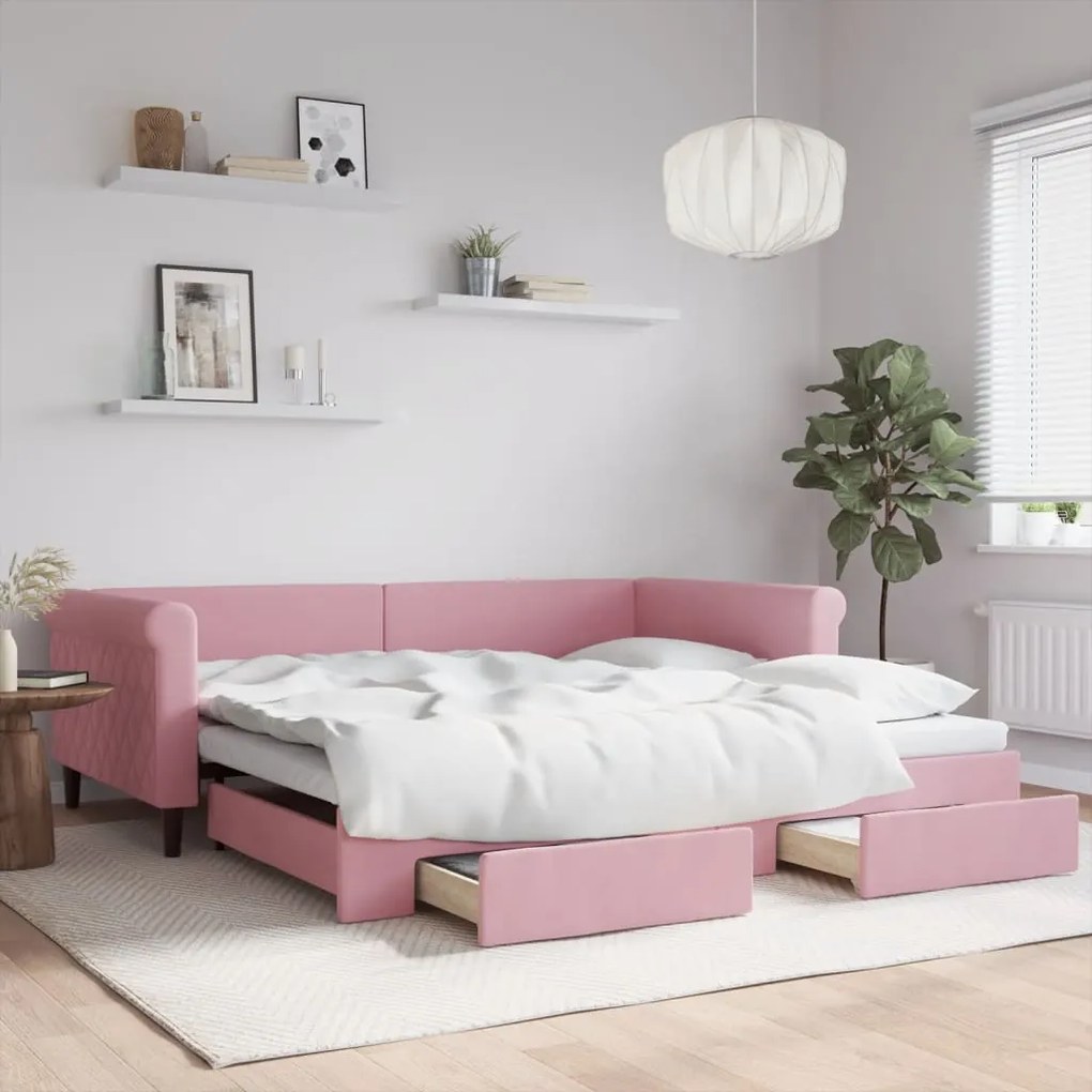 Divano Letto Estraibile Con Cassetti Rosa 100x200 Cm Velluto /