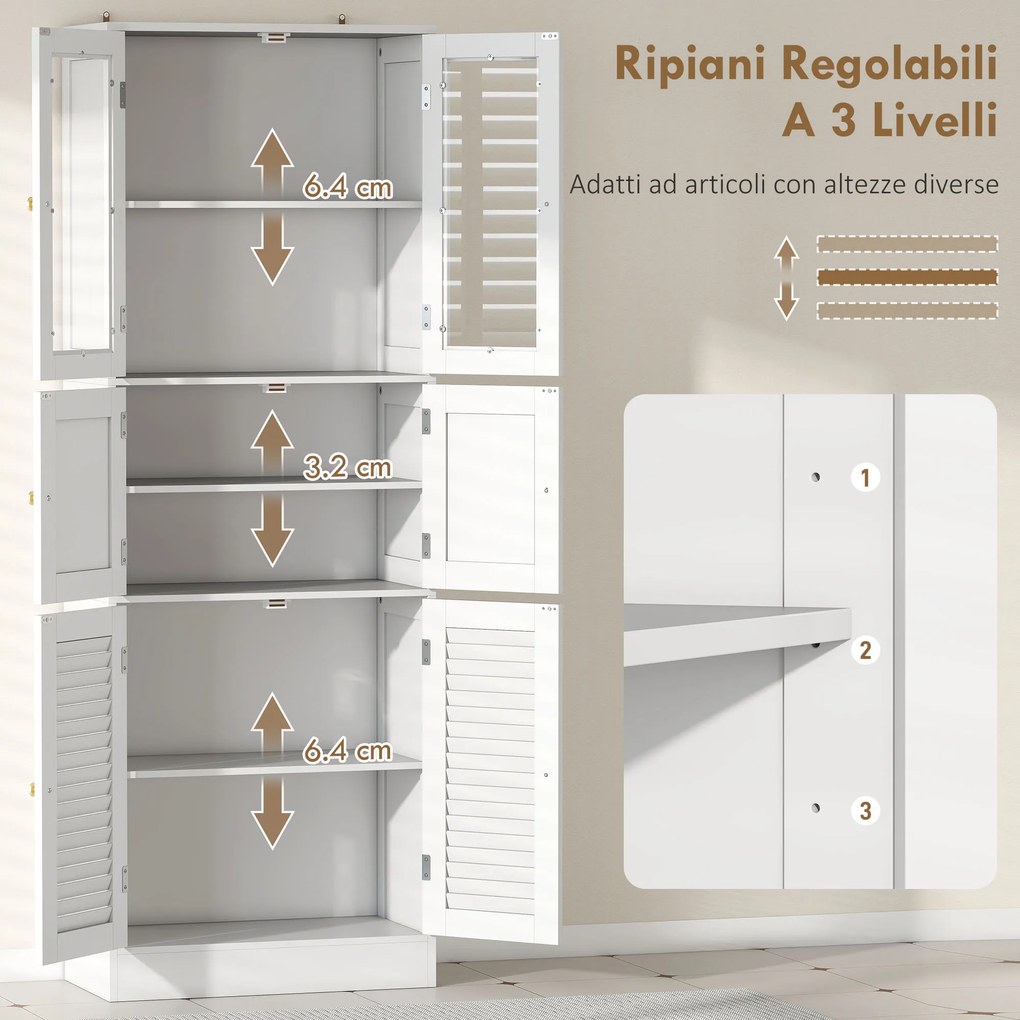 Mobile Bagno 60x30x170 cm con 3 Armadietti a 2 Ante in Vetro e Legno  Bianco...