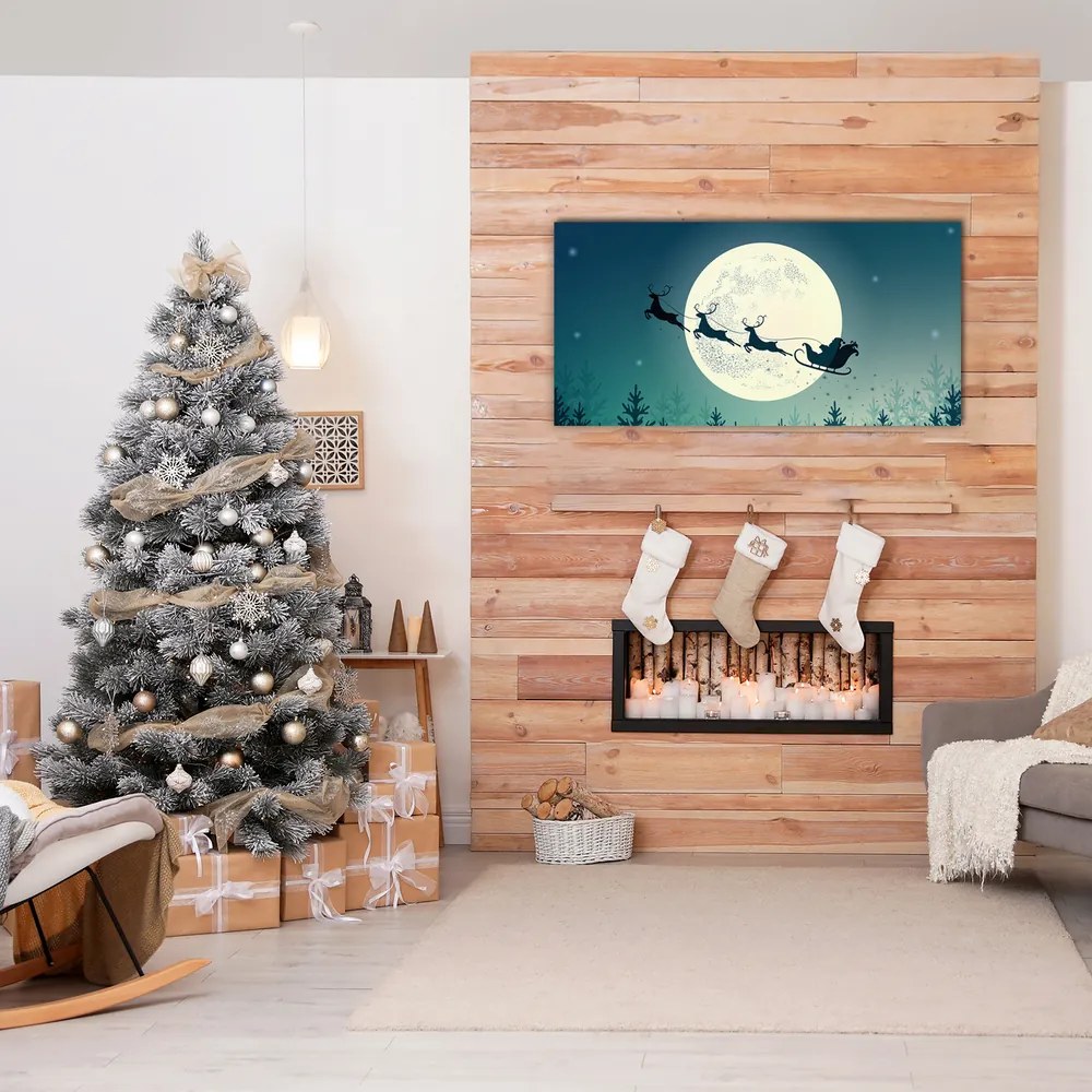 Quadro su vetro Babbo Natale Slitta 100x50 cm 2 appendini