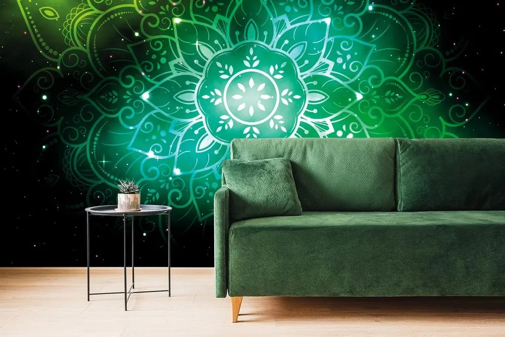 Carta da parati autoadesiva – Mandala verde con sfondo galattico