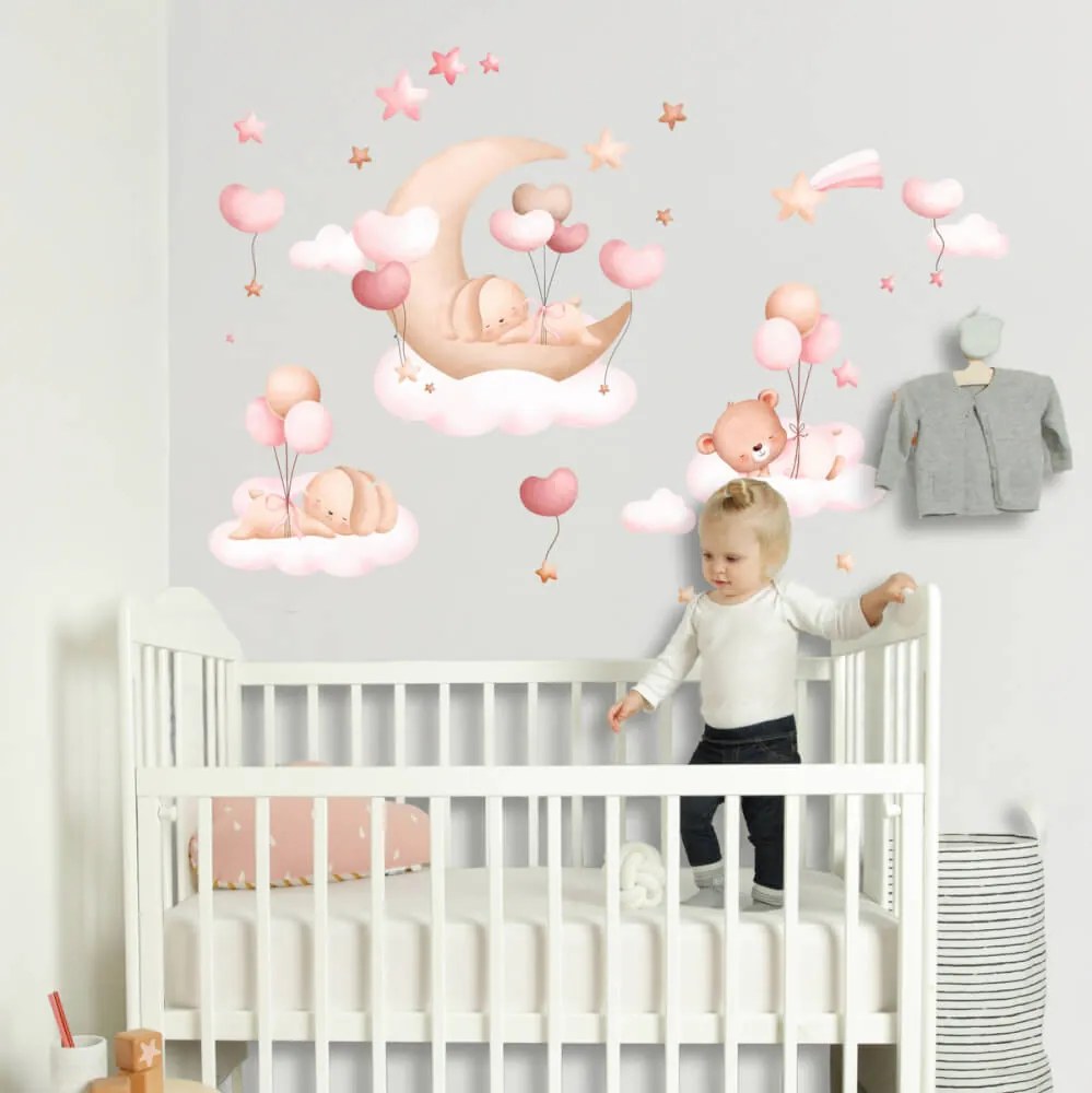 Adesivi parete - Coniglietti rosa in aria | Inspio