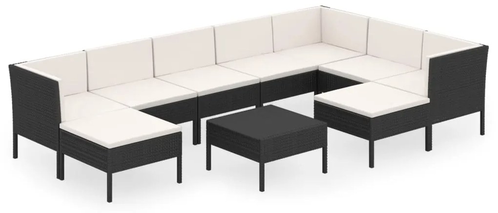 Set divani da giardino 10 pz con cuscini in polyrattan nero