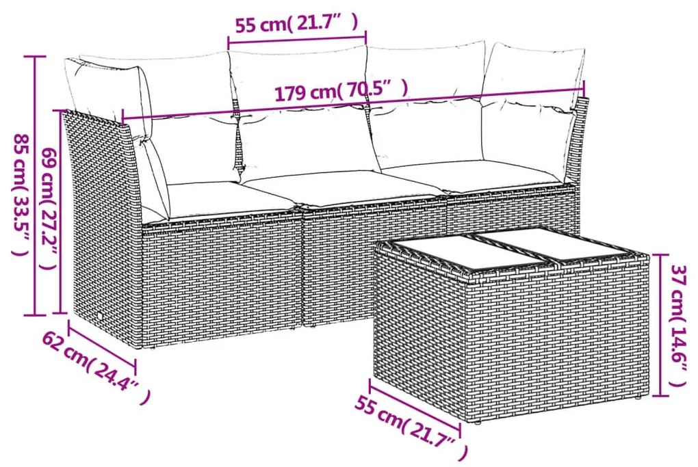 Set divani da giardino 4 pz con cuscini nero in polyrattan