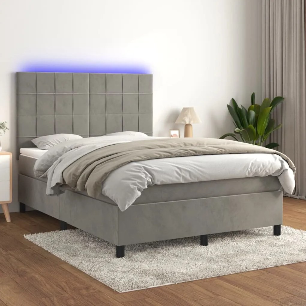 Letto a molle materasso e led grigio chiaro 140x190 cm velluto