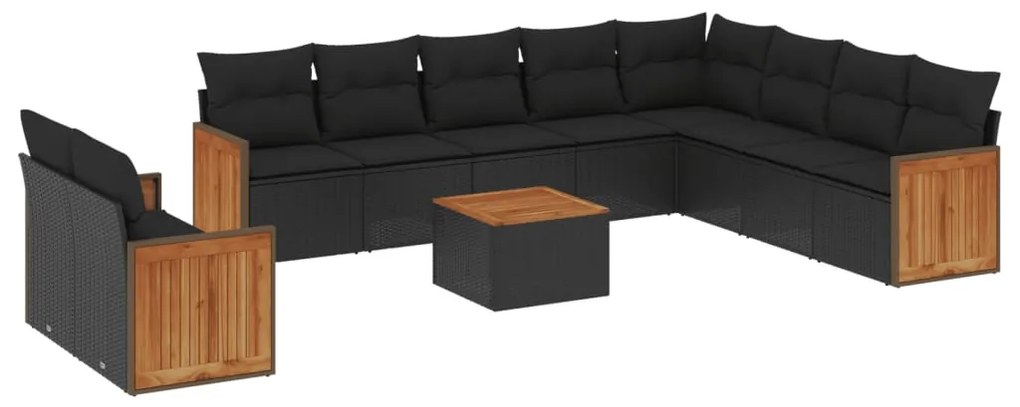 Set divani da giardino 11 pz con cuscini in polyrattan nero