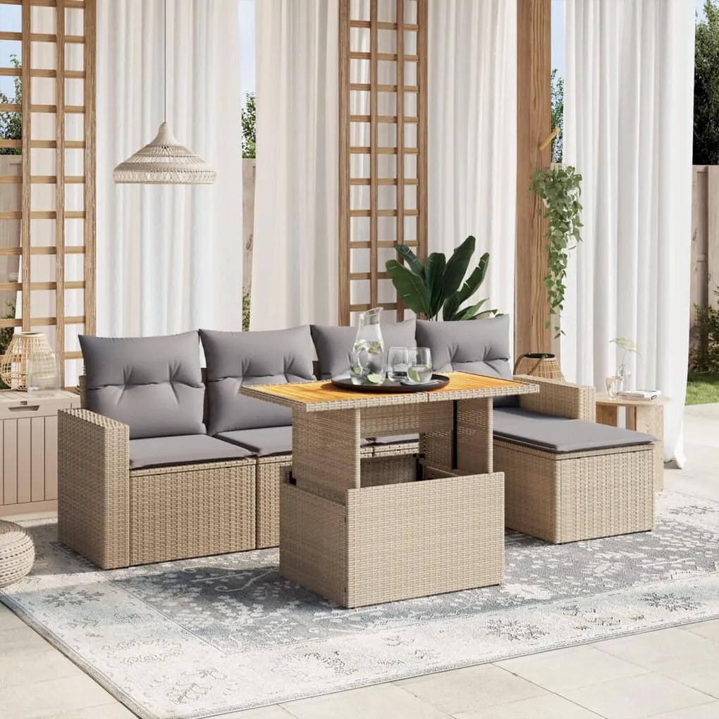 Set divano da giardino 6 pz con cuscini beige in polyrattan