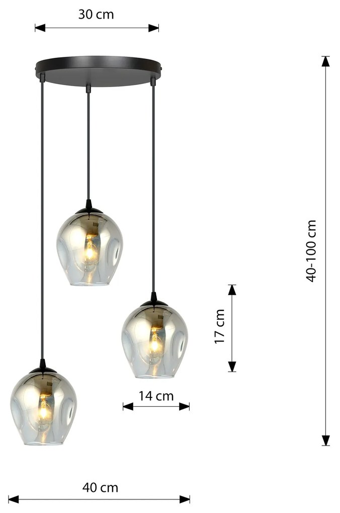 Lampadario 3 Luci Istar Base Tonda In Acciaio Nero E Vetri Fumè