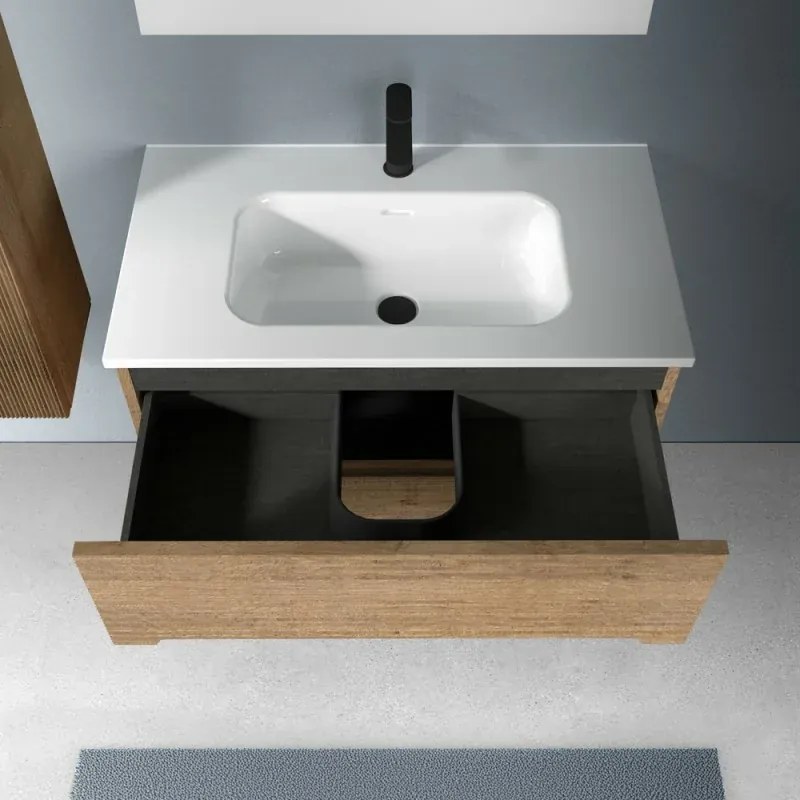 Mobile bagno sospeso 80 rovere cannettato 2 cassetti lavabo e specchio Rigo