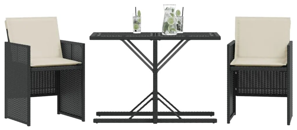 Set da bistrò 3 pz con cuscini nero in polyrattan