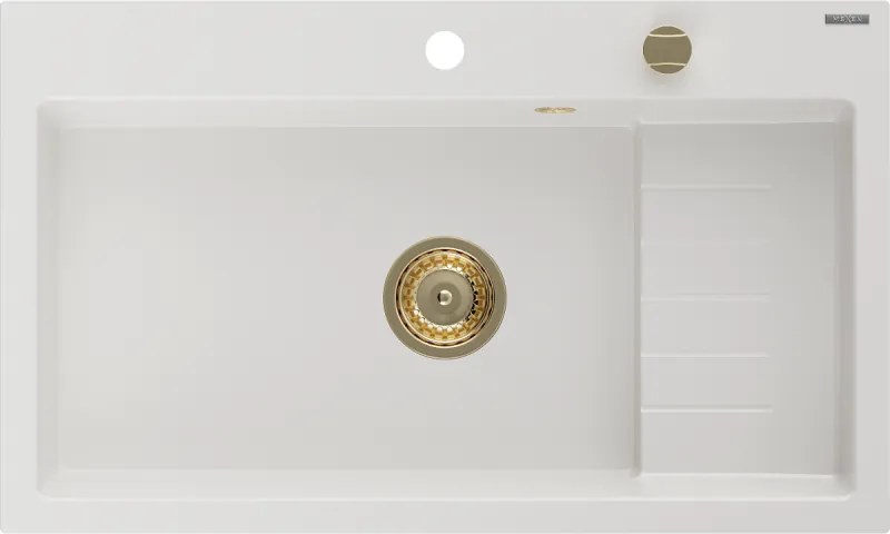 Mexen Omar lavello in granito 1-vasca 800 x 480 mm, bianco, sifone dorato - 6520801005-20-G