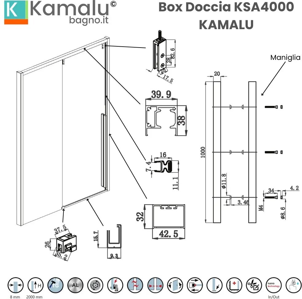 Doccia nicchia 150cm finitura acciaio spazzolato | KSA4000AS - KAMALU