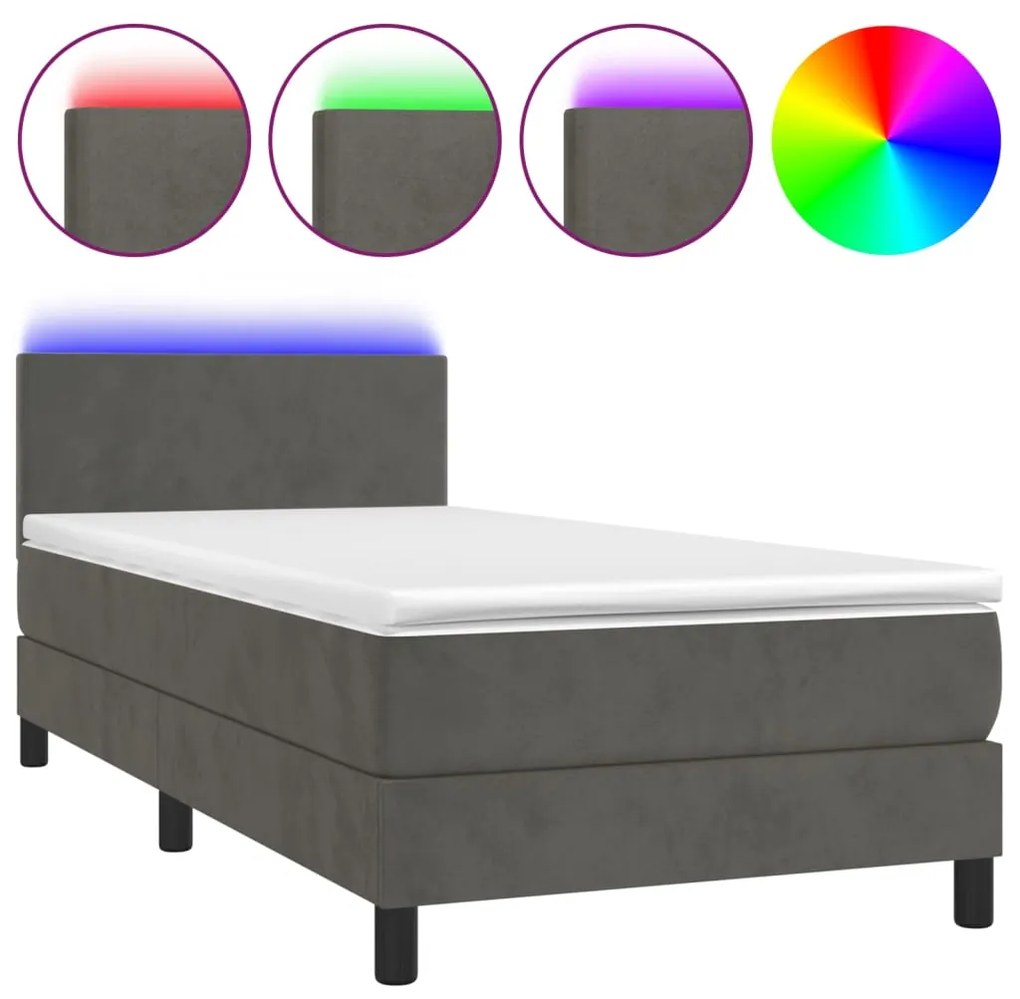 Letto a Molle con Materasso e LED Grigio Scuro 90x190cm Velluto