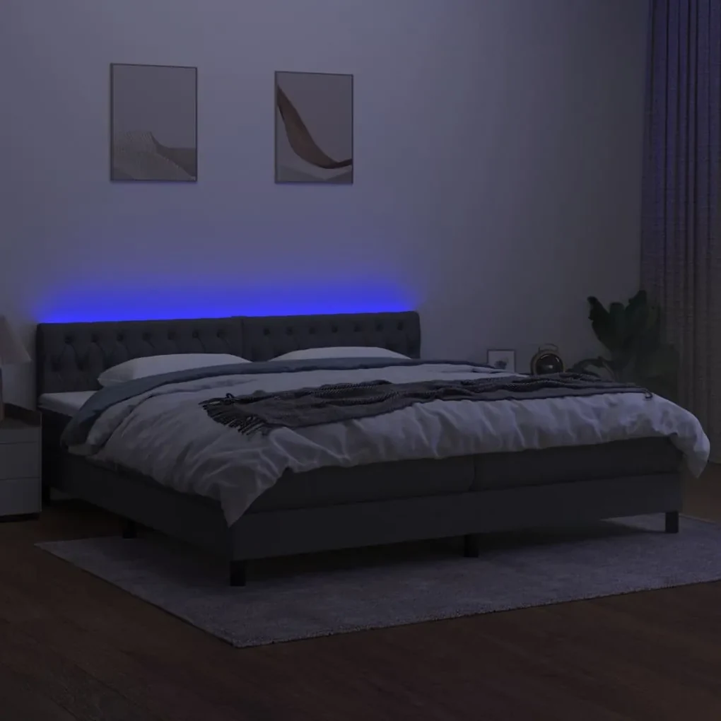 Letto a molle materasso e led grigio scuro 200x200cm in tessuto