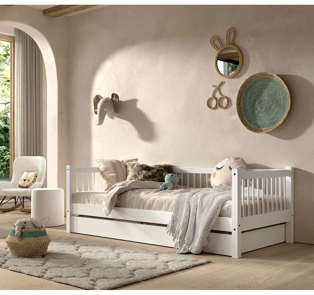 Letto per bambini in legno di faggio bianco con letto estraibile e contenitore 90x200 cm Forrest - Vipack