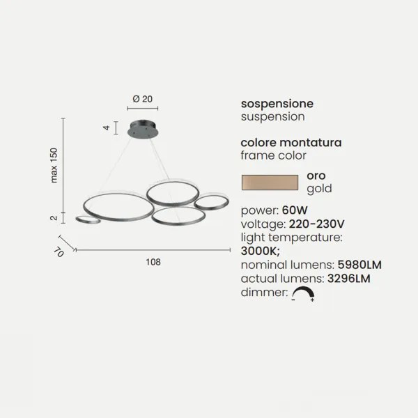 Lampada a sospensione LED POIS in metallo verniciato 108 cm ORO