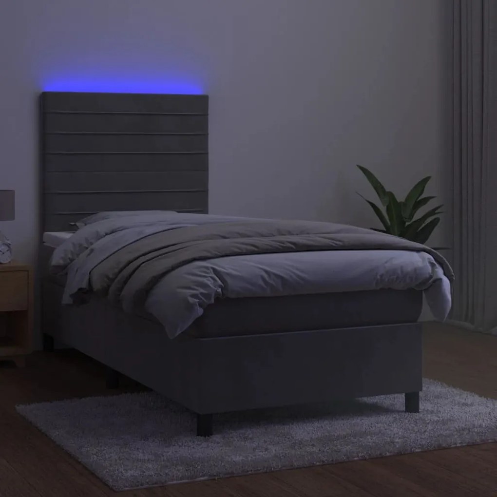 Letto a molle materasso e led grigio chiaro 80x200 cm velluto