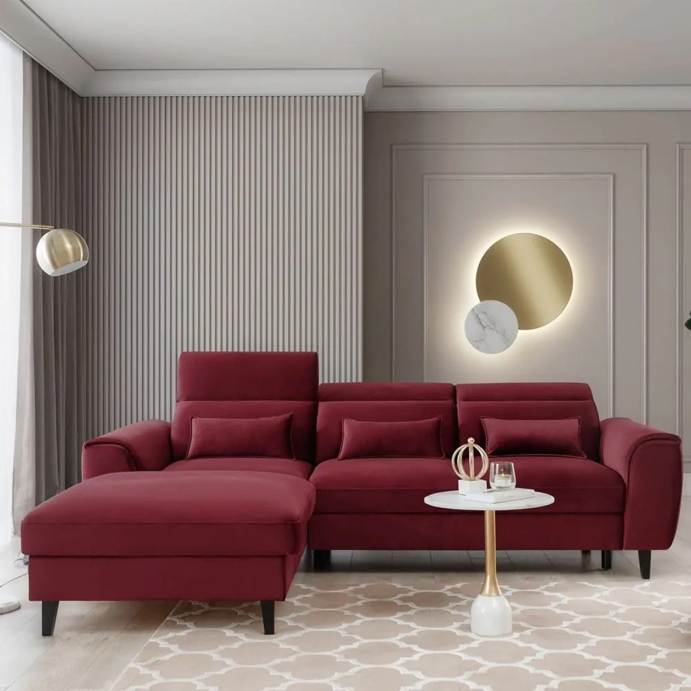 Divano angolare rosso allungabile/con contenitore (con penisola a sinistra/con chaise lounge) e rivestimento in velluto Foble – ELTAP