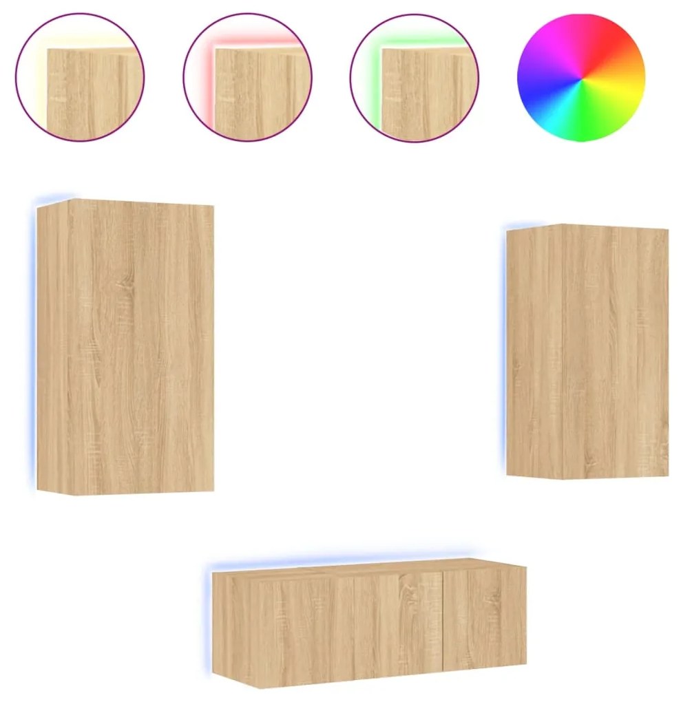 Mobili tv a muro con led 4pz rovere sonoma legno multistrato