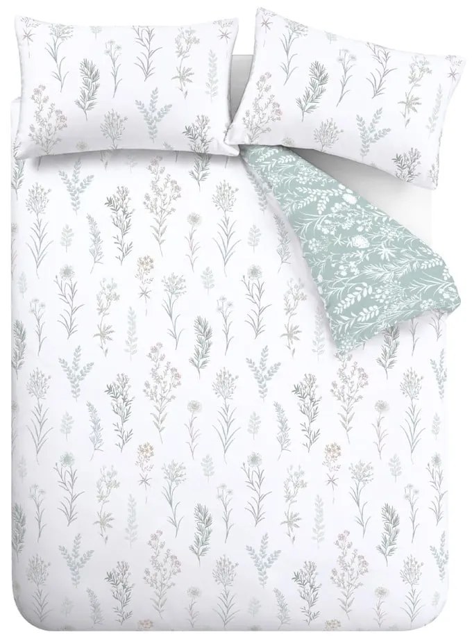 Set copripiumino e federa bianco/verde in percalle di cotone per letto matrimoniale 200x200 cm Wild Flowers – Bianca