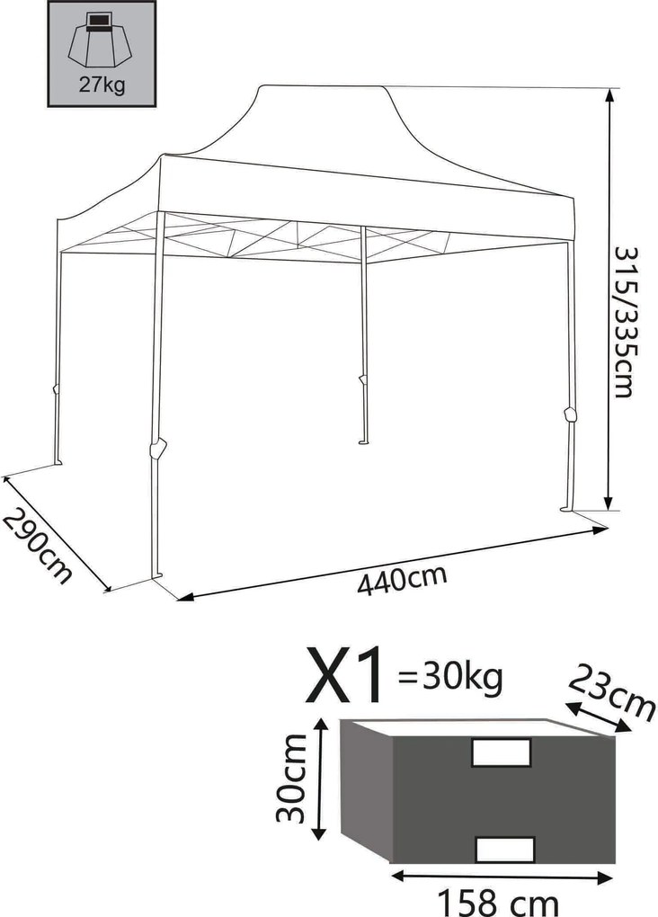 DIADEMA - gazebo pieghevole e richiudibile completo di sacca protettiva in acciaio 3 x 4,5 m