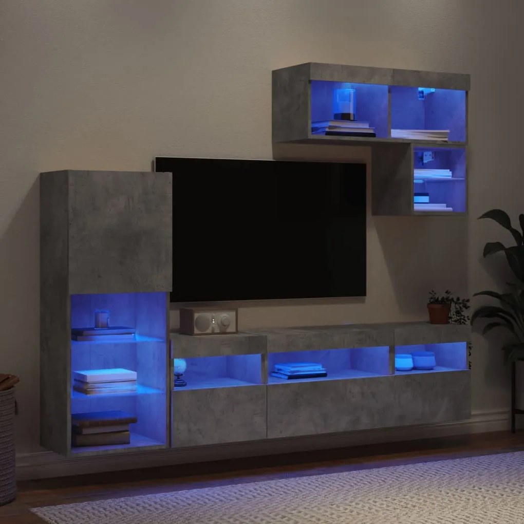 Mobili Tv A Muro Con Led 6pz Grigio Cemento Legno Multistrato /