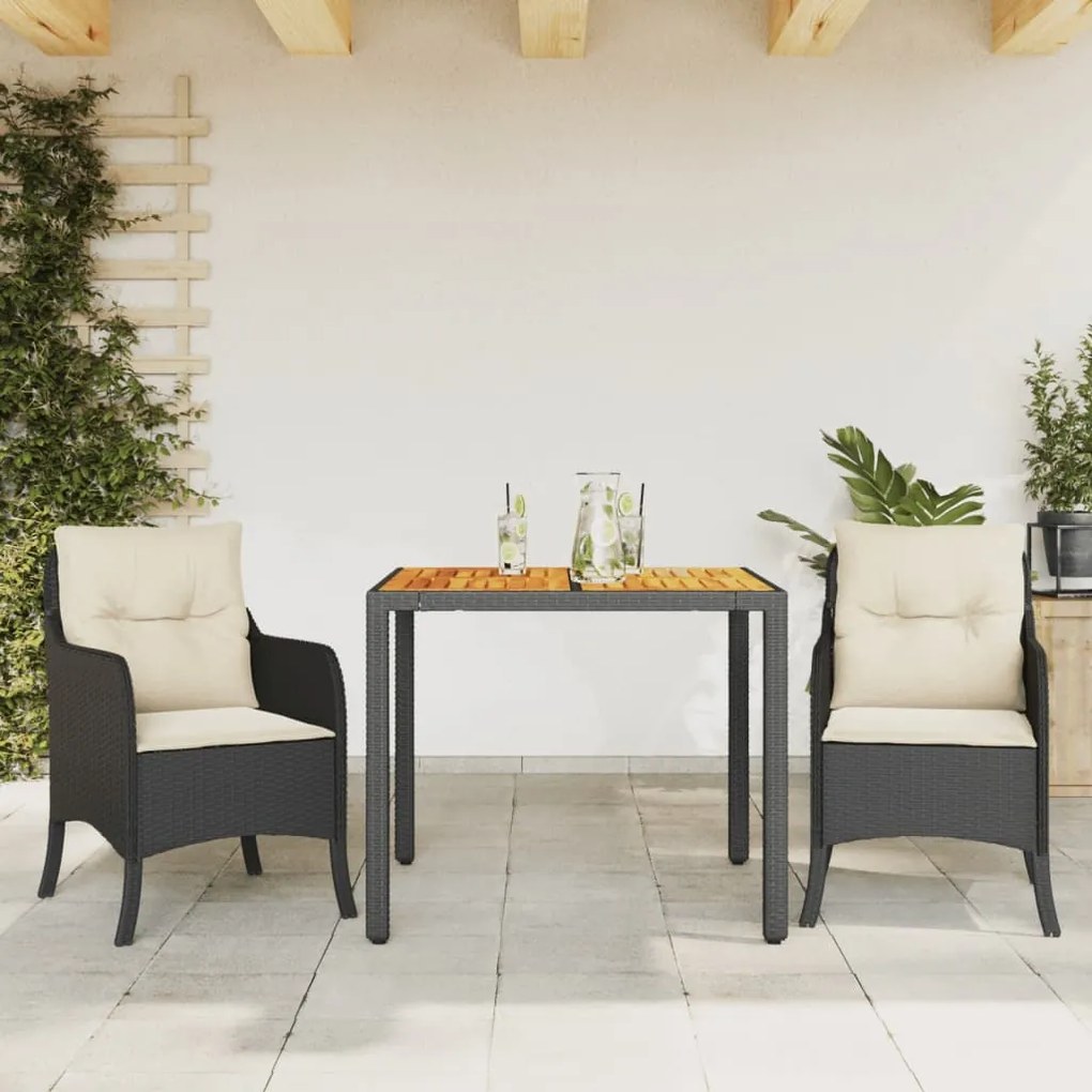 Set da pranzo da giardino 3 pz con cuscini nero in polyrattan